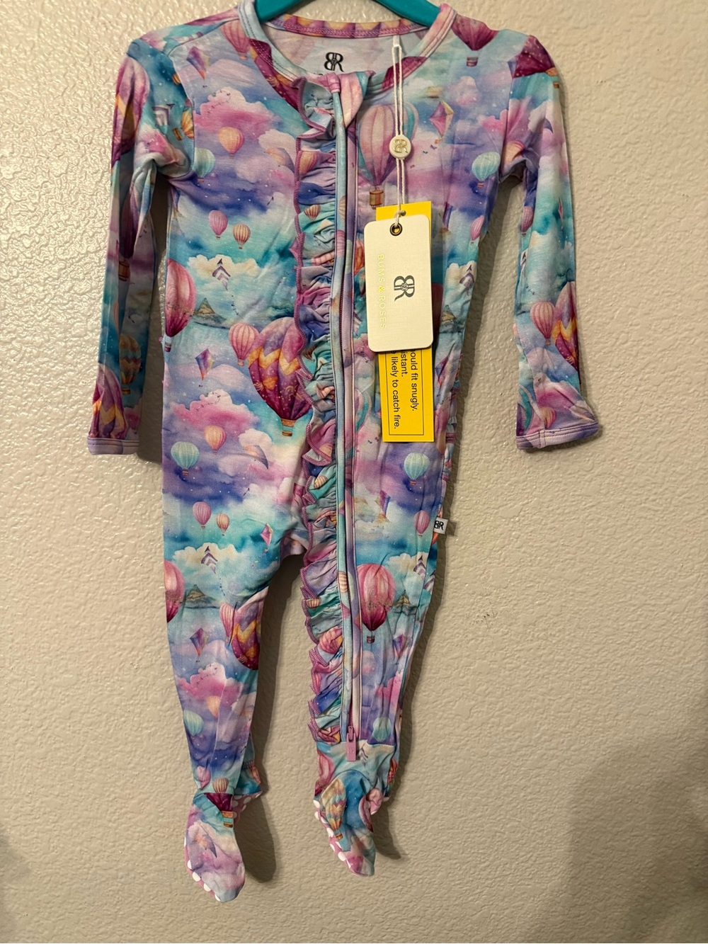 Ruffle-Front Hot Air Balloon Footed One-Piece - Pastel Sky